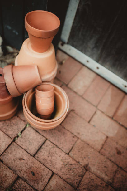 Terracotta flower plant pots outdoors with copy space