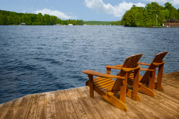 istock Adirondack chairs on a dock, lake slightly wavy, cottages beyond. 2201608841