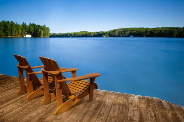 istock Adirondack chairs on a dock, calm lake, cottages, long exposure. 2201609381