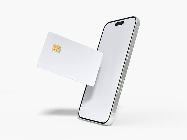 Smartphone and plastic credit card templates. Empty debit card with chip card isolated on background. Mockup empty concept for saving money wealth and financial, technology payment, digital purchase.