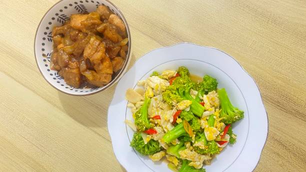 istock Stir-Fried Broccoli and Teriyaki Chicken Served on a Wooden Table 2201618011