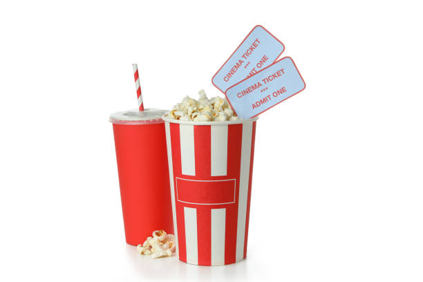 Cinema food with tickets isolated on white background.