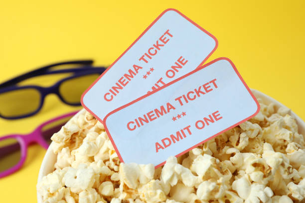 Concept of cinema accessories on yellow background.