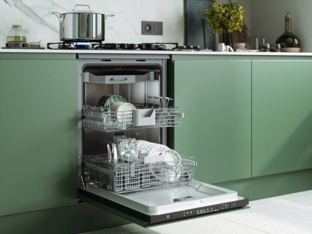 Close-up Of Open Dishwasher With Clean Dishes