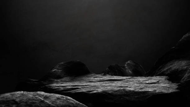 istock Rock, Stone podium stand display advertising product, Production show with studio dark light wall room background well free space for text, Cliff rock stone stage, Clipping paths 2201622135