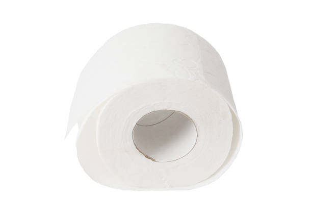 A roll of toilet paper is shown in a white background. The roll is unopened and has a white label on it