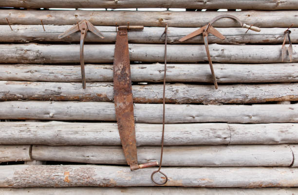 A rusty old saw is hanging on a wall next to a rusty old pliers. The saw is leaning on a wooden plank and the pliers are hanging on a wooden plank. The scene is old and rustic