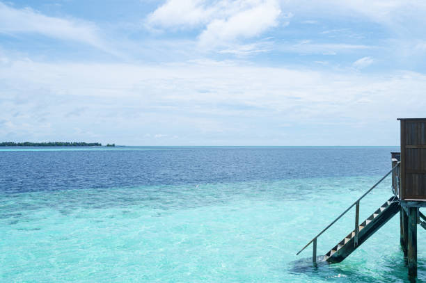 Wooden stairs going into the beautiful tropical turquoise lagoon