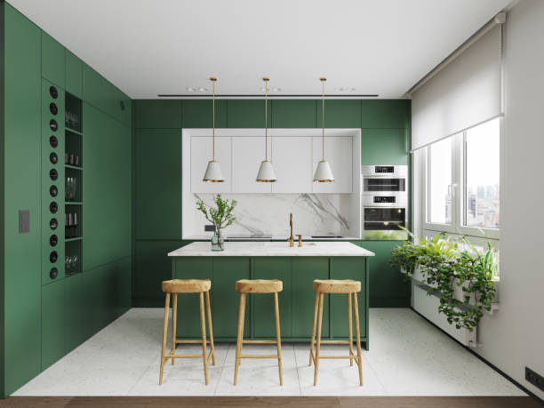istock Modern Kitchen Interior With Kitchen Island, Wood Stools, Pendant Lights And Green Cabinets 2201645495