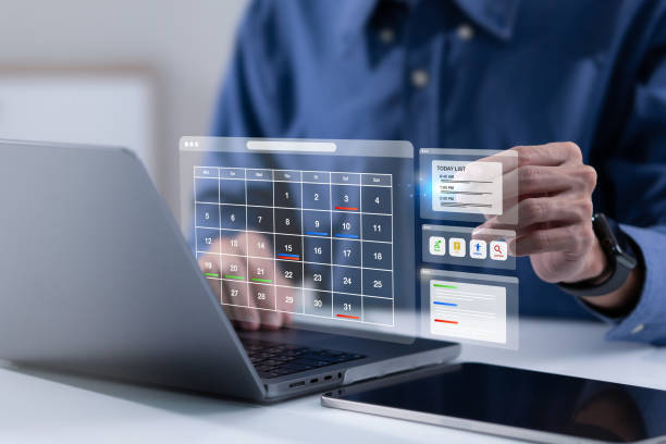 istock Time management concept. Reminder appointment. Planning Calendar Agenda work schedule and Project management for effective work.  workflow plan, and Organize schedules and important dates. 2201646657