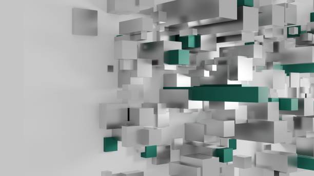 istock Floating white and green blocks forming a futuristic city 2201648920