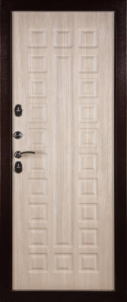 istock Frontal image of a closed beige door, isolated on white background 2201649647