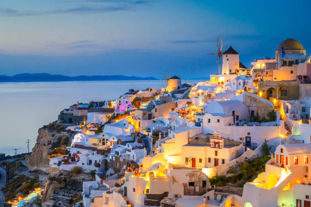 istock Oia village at night, Santorini 2201652279