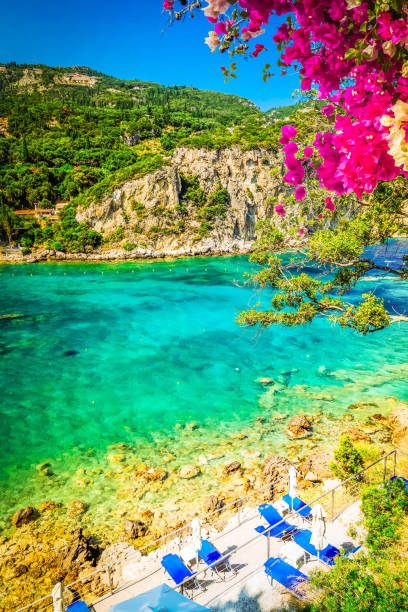 Paleokastritsa beach bay and Ionian sea clear water on Korfu, Greece
