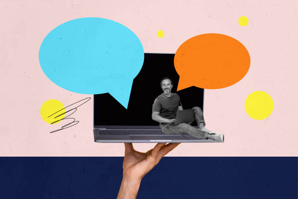 istock Composite sketch design artwork photo collage of speech bubble app conversation space hand hold laptop middle age man sit smile chatting 2201656663