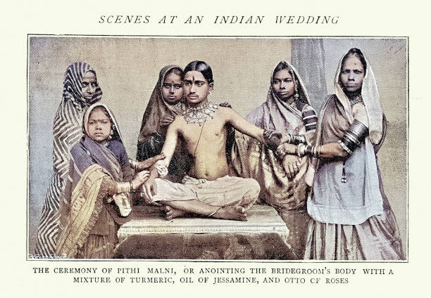 Scene at an Indian wedding, Ceremony of Pithi Malni, anointing the bridegroom, History India,  vintage photograph, 1890s, 19th Century