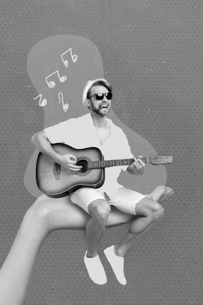 istock Vertical collage image of arm palm hold mini guy smoke cigarette play guitar drawing melody symbols isolated on painted background 2201657073