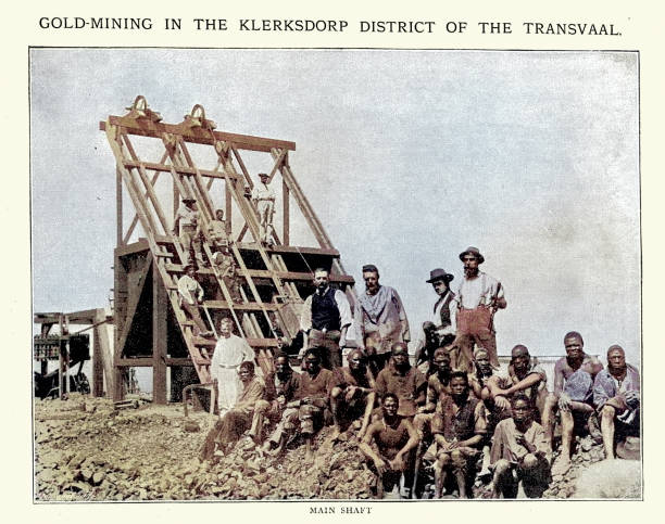 istock Gold mine, shaft, miners, mining, Klerksdorp, Transvaal,  Victorian history, vintage photograph, 1890s, 19th Century 2201657076