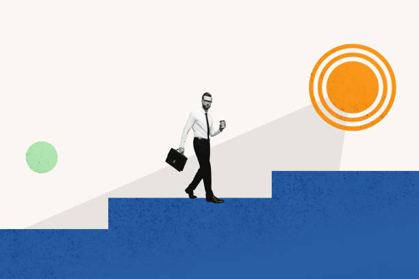 istock Composite art 3d creative image collage of serious businessman walk career ladder development hold coffee cup briefcase promotion 2201657308