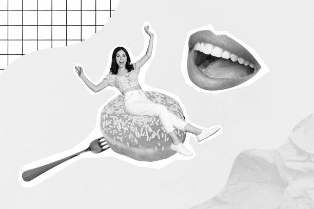 Composite creative artwork photo designed collage of young excited funny girl sit huge fork open mouth eat glazed donut isolated on blue background