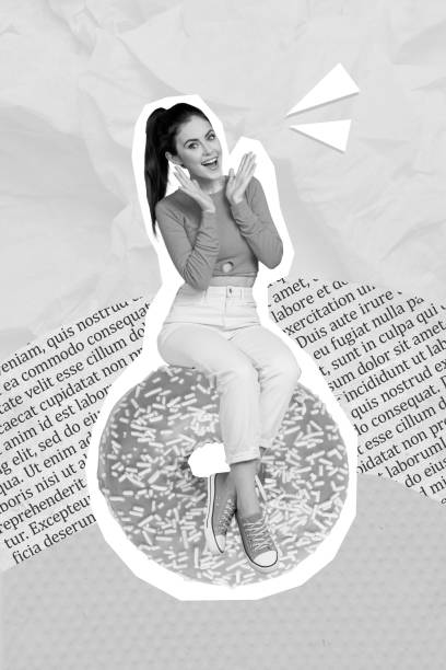 istock Vertical collage image of excited cheerful girl sit big glazed donut hands clapping applaud isolated on painted background 2201658740