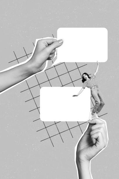 istock Vertical collage image of two arms fingers black white effect hold empty space dialogue bubble mini girl stand balancing 2201658800