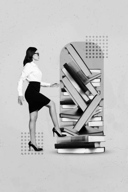 istock Vertical collage image of black white effect girl walk climb big pile stack book isolated on drawing background 2201658807