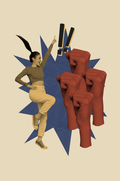 Trend artwork poster composite sketch image collage of young lady stand success scream attention demonstration gesture fist crowd vote
