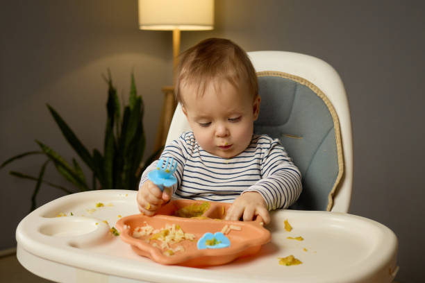 istock A curious toddler is engaged in eating while sitting in a high chair. Soft lighting creates a warm atmosphere in the background, while food scraps are scattered on the tray and floor 2201660137