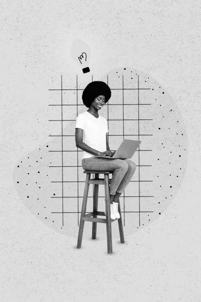 istock Vertical collage image of black white effect girl sit chair use netbook painted light bulb bright idea isolated on painted background 2201660875