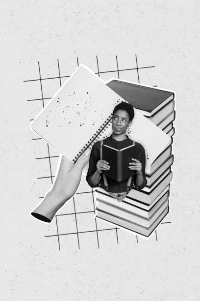 istock Vertical collage picture of black white colors hand  hold notepad mini minded person contemplate read book isolated on creative background 2201661114