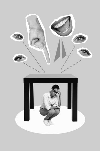 istock Vertical collage image of mini person hide under table big arm point finger blame accuse hate eyes watch smiling mouth 2201661139