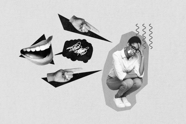 istock Creative collage picture of talking mouth arm finger point accuse hate unsatisfied upset black white gamma person isolated on painted background 2201661193