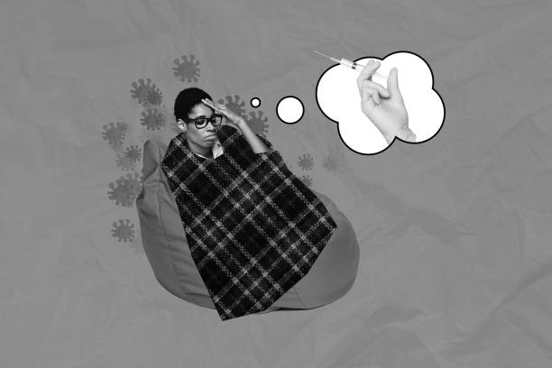 istock Creative abstract template graphics collage image of tired lady feeling pain thinking about vaccination isolated drawing background 2201661221