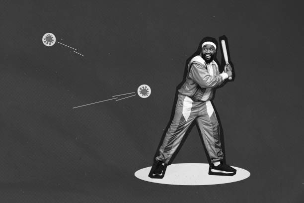 Creative 3d photo artwork graphics collage painting of funky guy defending beating bacterias isolated drawing background.