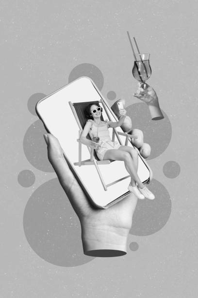 istock Retro abstract creative artwork template collage of hand holding device beautiful woman enjoy summer travel agency client tourist display 2201662091