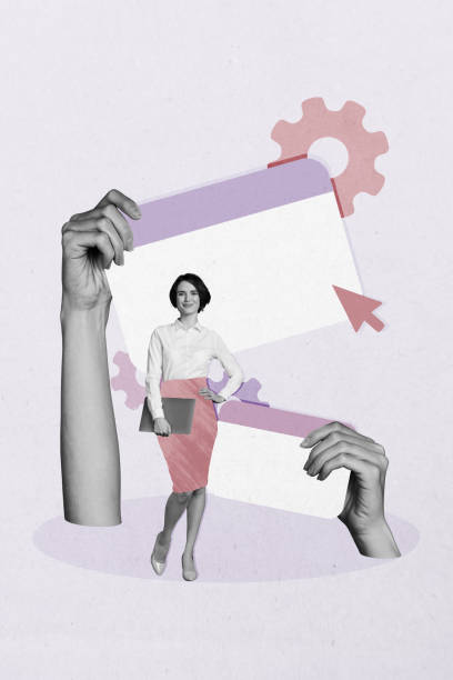 istock Composite sketch image design artwork collage of hand hold window website pointer gear young lady stand hold laptop vacancy office manager 2201662132