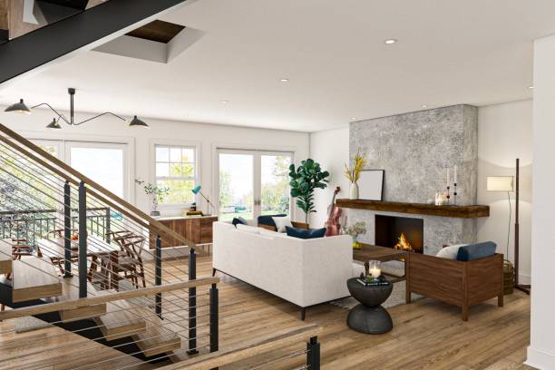 istock Modern Living Room Design with Fireplace and Contemporary Wooden Elements 2201663500