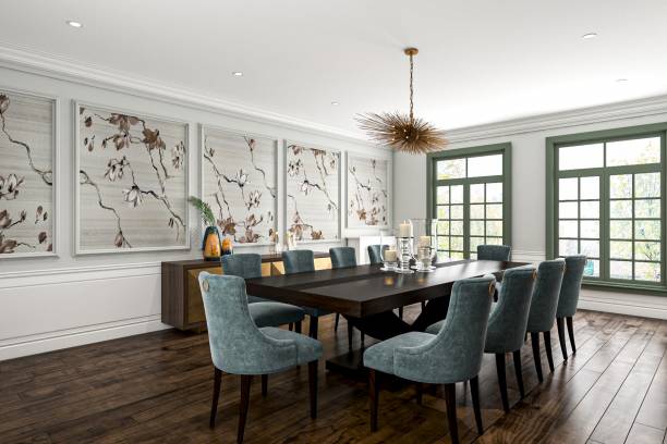 Sophisticated Modern Dining Room Interior with Elegant Decor and Artistic Touches