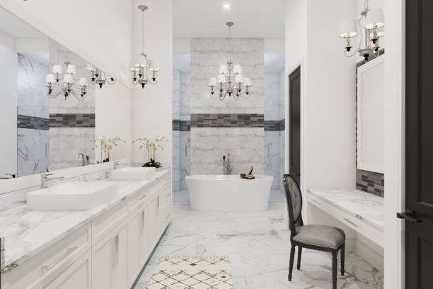 istock Elegant Marble Bathroom Interior with Contemporary and Classic Touches 2201664046