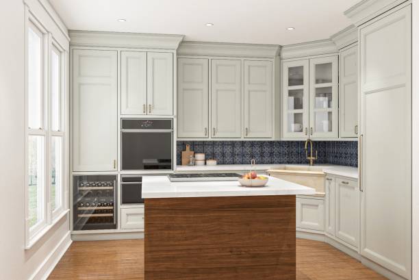 istock Modern Kitchen Interior With Island and Elegant Cabinets in Neutral Tones 2201664326