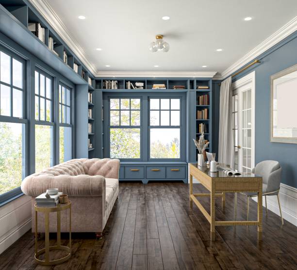 istock Elegant Home Library With Blue Shelves and Wooden Floor Interior Design 2201664780