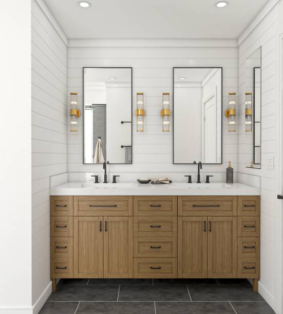 Modern Bathroom Interior with Wooden Cabinetry and Elegant Mirrors