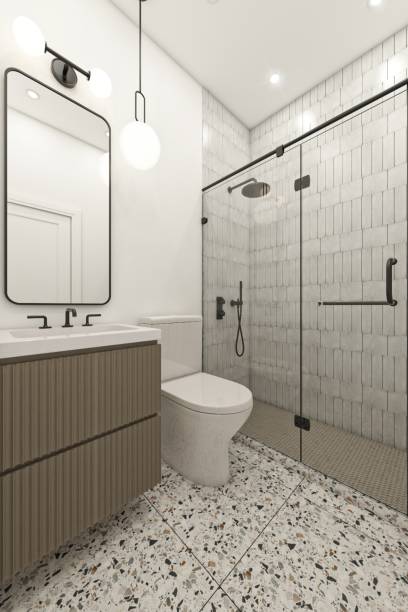Modern Bathroom with Glass Shower, Vanity, and Contemporary Tile Flooring