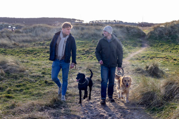 istock Two Men Enjoying a Leisurely Walk with Their Dogs 2201666012