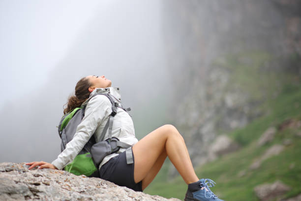 senior woman  with gray hair  sits on the mountain and looks into the distance and walks in autumn outdoor. copy space. mental health. Slow life.  copy space