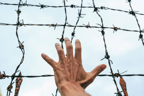 istock men's hand behind a barbed wire fence against the sky. 2201668175