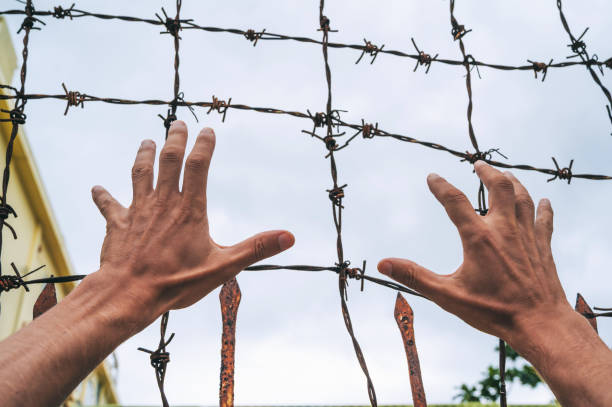 istock men's hands behind a barbed wire fence against the sky. 2201668391