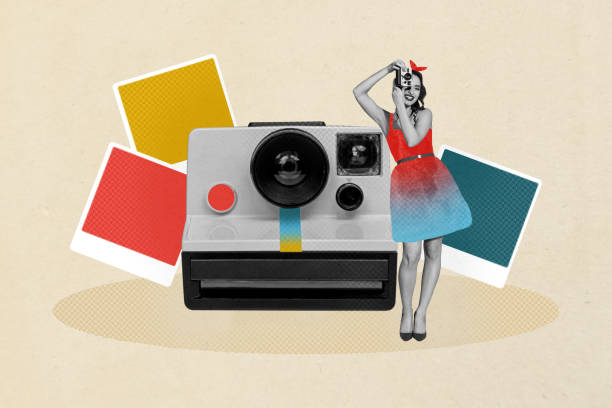 istock Composite image montage trend artwork 3D collage of young lady stand tape shot instant camera author shooting cadre moment photo hobby 2201668657