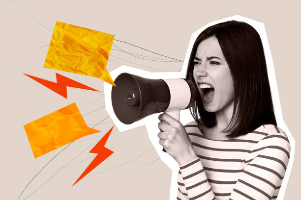 istock Composite art 3d creative image collage of angry girl activist scream megaphone bubble lightning tension concept workload boss 2201668868